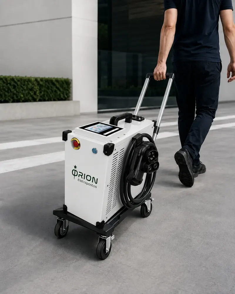 Carregador Orion preso a um carrinho com rodas, com cabos e conector presos em suporte lateral, sendo levado por uma pessoa em área externa.